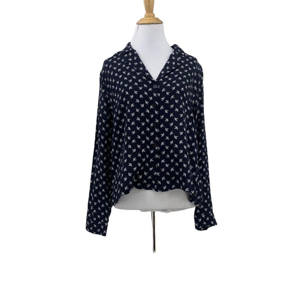 Movint New York Leaf Print Blouse Womens S Small Navy High Low Button Front Top
